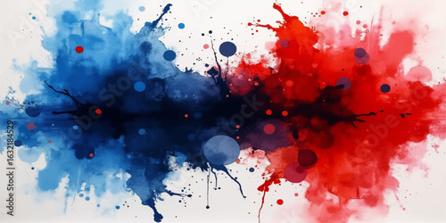 Abstract watercolor background with vibrant red and blue paint splashes, perfect for art and design