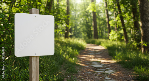 Blank white sign with rounded corners mounted on a wooden post in a sunlit forest.