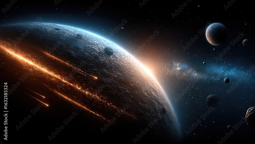 Obraz premium Planet under asteroid bombardment