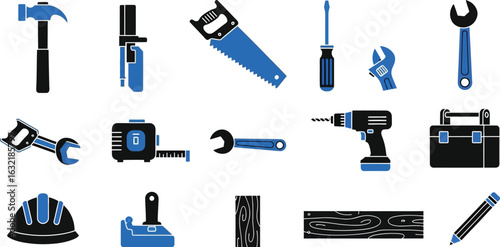 Illustration of various construction and carpentry tools in blue and black on a white background