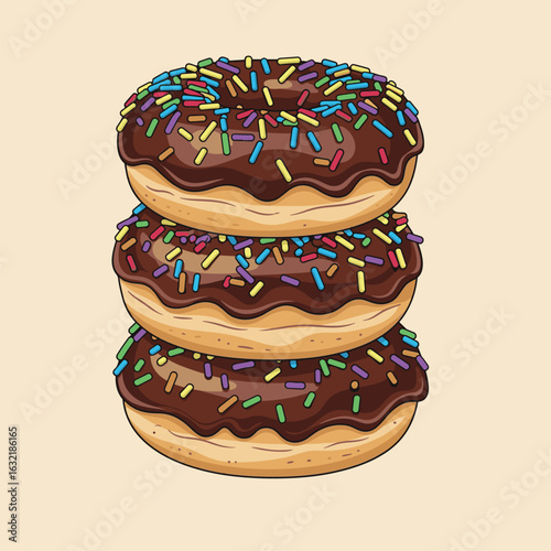 Illustration of three stacked donuts with chocolate glaze and colorful sprinkles, presented in a fun and vibrant cartoon style on a light beige background.