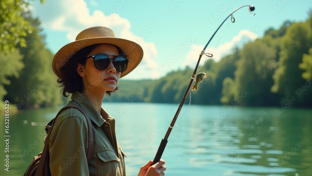 Woman fishing by a serene lake. Woman fishing by a serene lake.