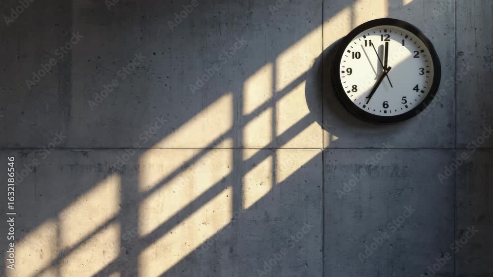 Modern concrete wall with a clock and dramatic sunlight casting striped ...