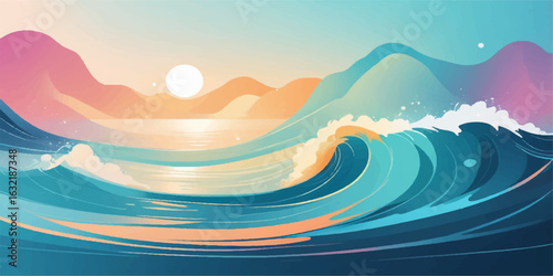 Waves of blue ocean water crash against the shore under a bright summer sky