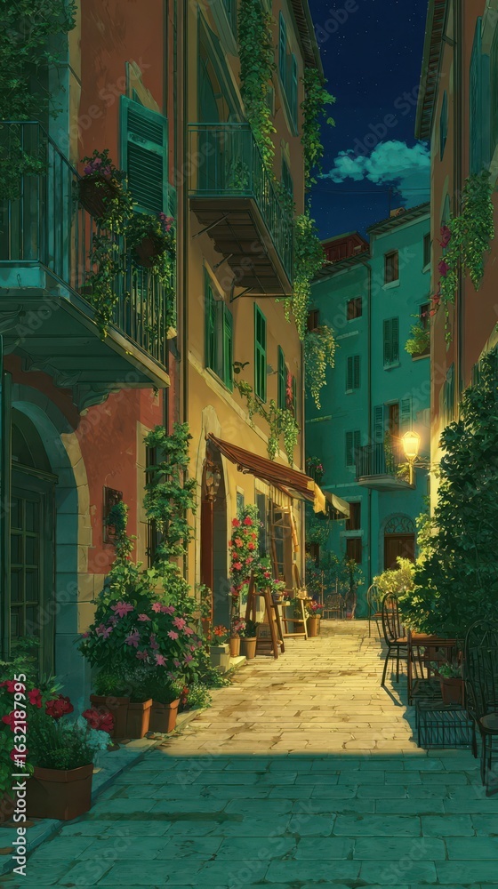 Fototapeta premium A charming, quiet alleyway at dusk, filled with flowers and plants.