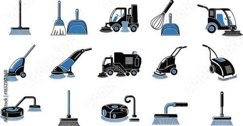 Illustration of various cleaning equipment including brooms sweepers and cleaning vehicles displayed