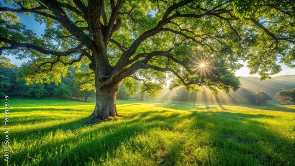 Serene Sunrise Illuminating a Majestic Oak Tree in a Verdant Meadow Serene Sunrise Illuminating a Majestic Oak Tree in a Verdant Meadow