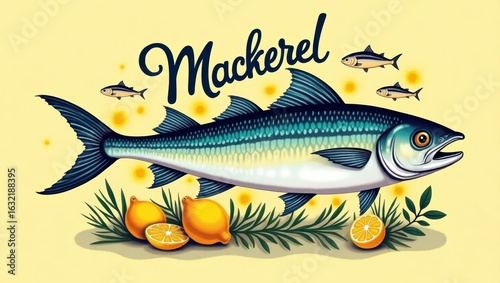 Colorful illustration of mackerel fish with lemons and herbs.