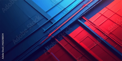 Red and blue glass windows reflect the sky on a modern business skyscraper