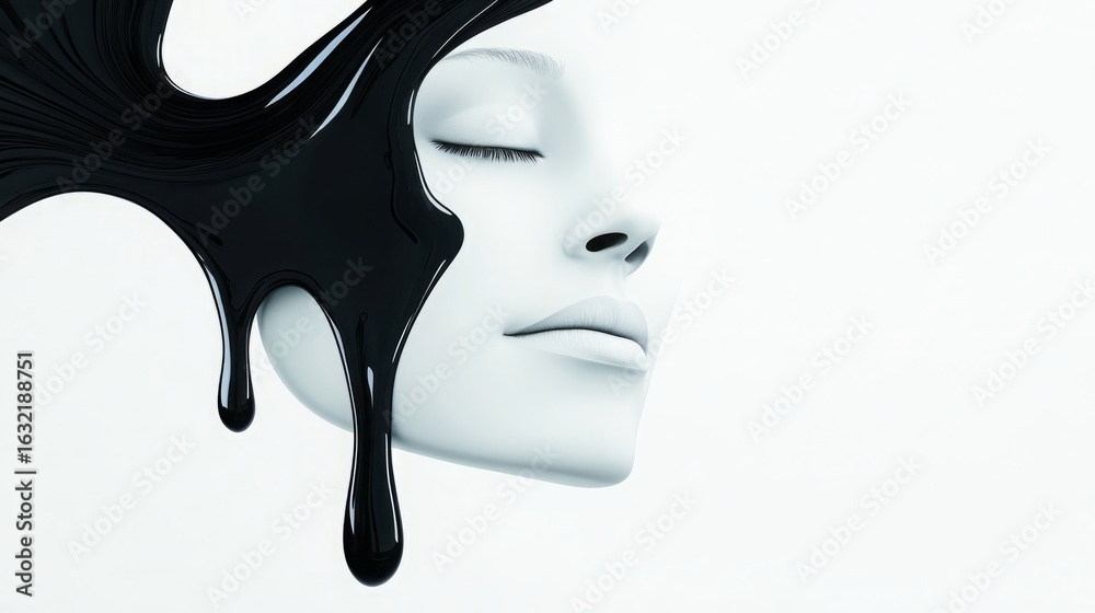 Naklejka premium Abstract portrait of a human face turning into a beautiful vase with black liquid drops. Metaphor for hidden sadness.