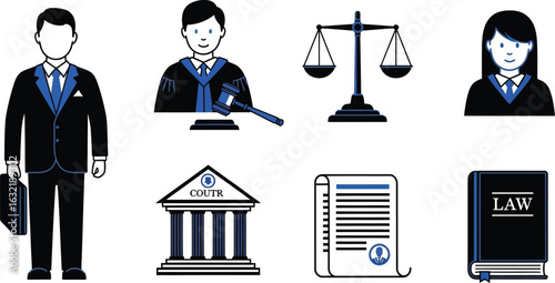 Illustration of legal professionals court building and symbols of the justice system and law