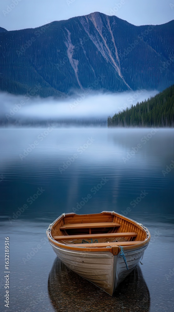 Obraz premium Tranquil lake scene with a wooden boat at dawn.