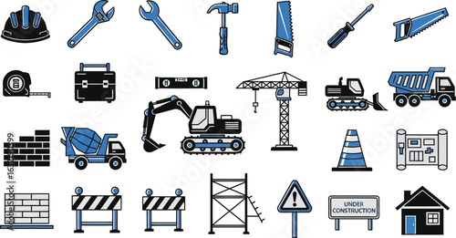 Illustration of construction tools and equipment featuring a variety of building elements