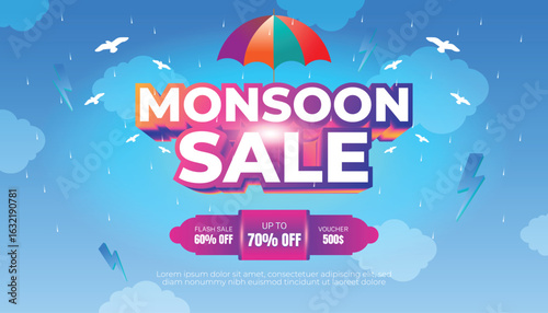 Colorful monsoon sale banner featuring an umbrella, discount offers, and a bright sky background. It is used in marketing and advertising campaigns.