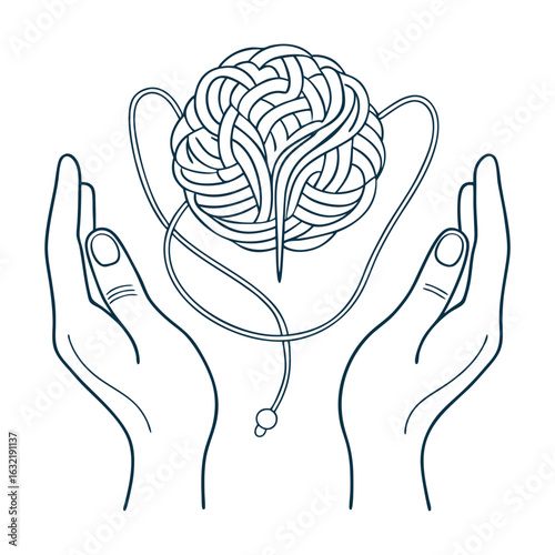 Download Continuous One Line Drawing Of Human Hands Knitting Brain. Eps File For Design.