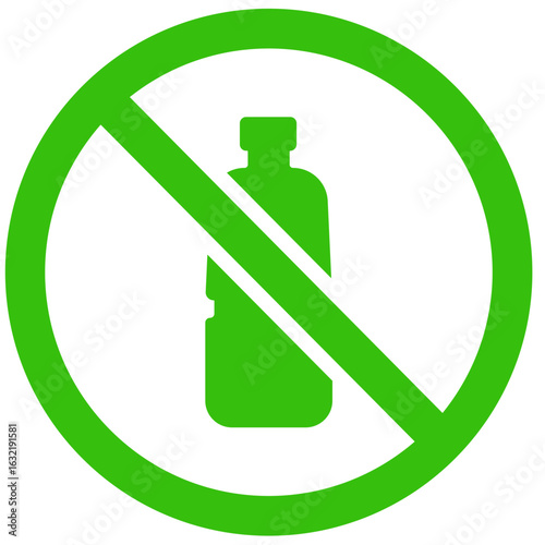 Flat icon of crossed-out plastic bottle inside green circle indicating plastic bottle prohibition for environmental reasons.