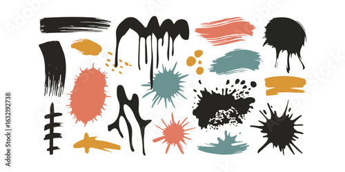 A collection of varied paint splatters and brush strokes in multiple colors on a white background