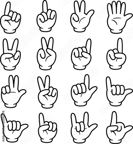 Cartoon hand gestures, finger signs illustration, peace symbol, OK sign, pointing hands, bold outline drawing