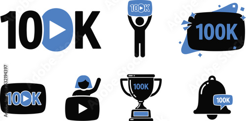 Various stylized icons celebrating reaching one hundred thousand subscribers or views online