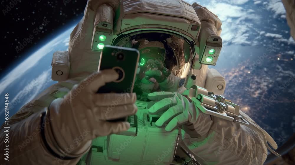 cinematic shot, view through helmet, astronaut using mobile phone ...