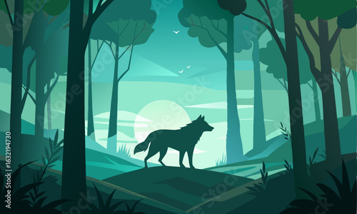 Download A Silhouette Of Wolf Walking On Forest, Vector Artwork Illustration Eps File For Design.