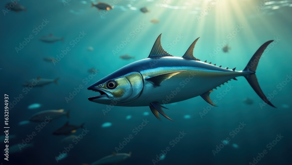 Naklejka premium Tuna fish swimming in deep ocean water.