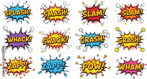 Comic action word burst, SPLASH SMASH SLAM POW ZAPP WHACK CRASH WHAM, colorful explosion illustration set