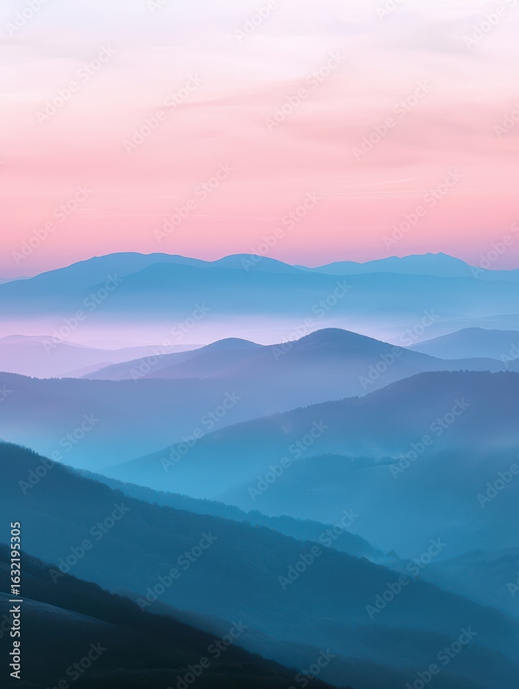Naklejka premium vertical landscape view over blue and pink mountains in sunrise
