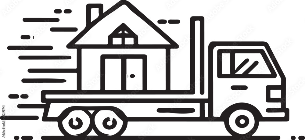 Fototapeta premium Moving Truck Carrying a House Black Line Vector Illustration