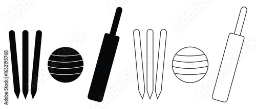 Cricket bat, ball and stumps icon set. Set of cricket stump simple vector clip art website graphic design. Cricket bat, ball fill and stroke sport icon sign symbol. Vector illustration. EPS 10