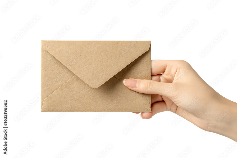 Fototapeta premium Close up of a hand holding a simple kraft paper envelope.