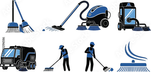 A collection of cleaning equipment including brooms vacuums and street cleaning vehicles and people cleaning