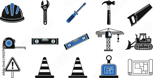 Illustration of construction tools and equipment including safety gear and heavy machinery