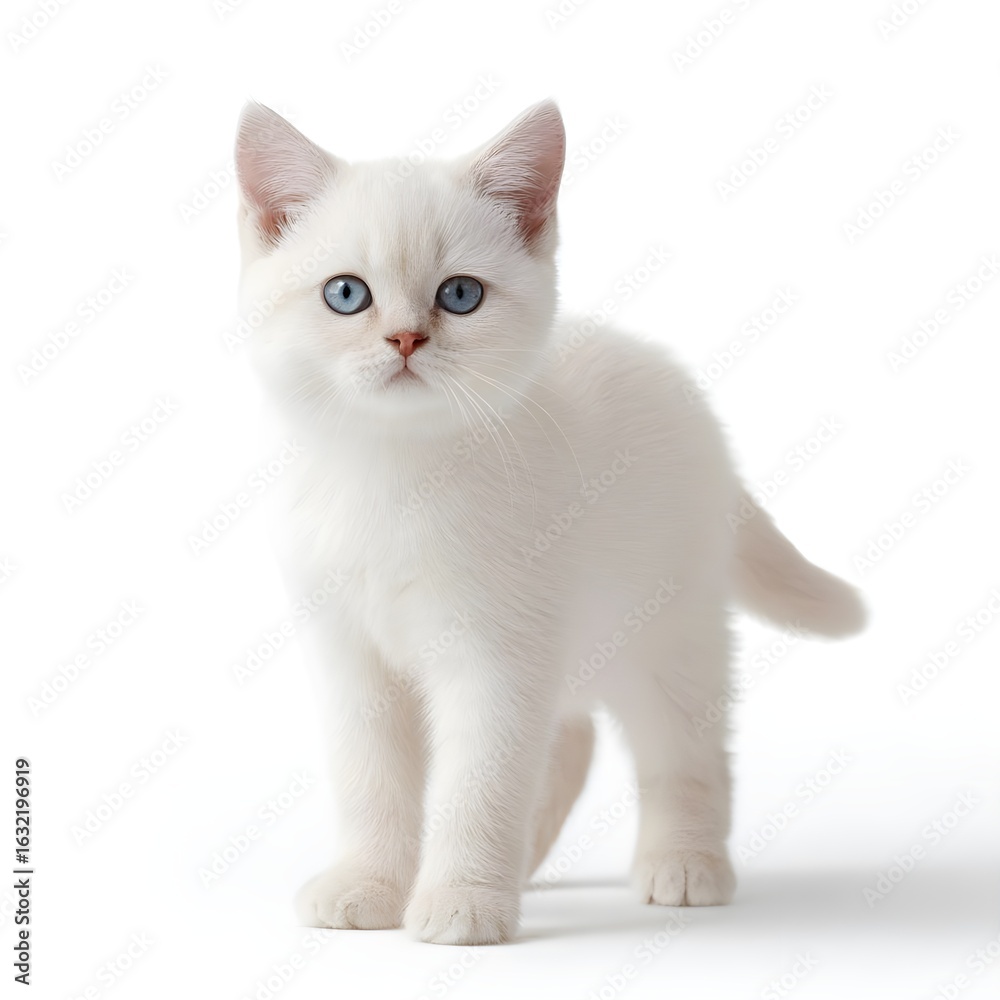 Naklejka premium High-Resolution Portrait of an Albino Domestic Cat with Blue Eyes Featuring Minimalist White Background for Commercial and Editorial Use