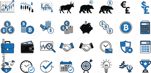 A collection of business and finance icons including graphs, currency, and investment symbols