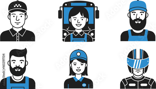 Illustration of six different avatars depicting various professions in a simple cartoon style