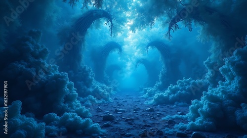 Mysterious underwater cave with glowing blue light illuminating the path