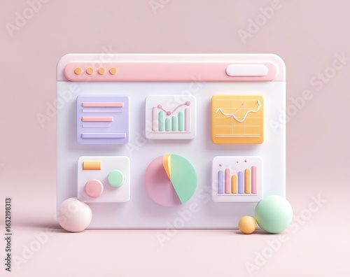 Pastel-colored web dashboard with various charts and graphs