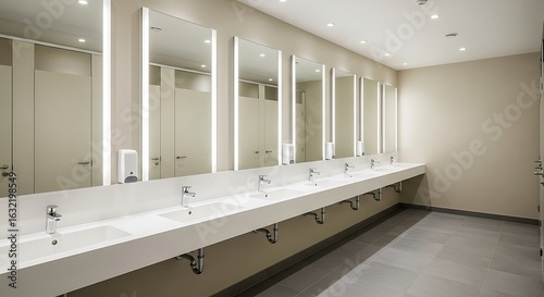 Modern restroom with multiple sinks and mirrors.