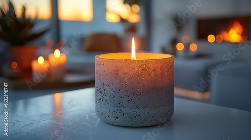 minimalist modern candle in concrete holder, soft lighting on white table, white wall behind