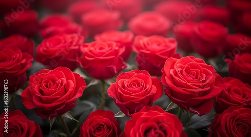 Close-up of many vibrant red roses.