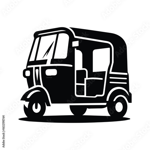 Black and White Silhouette Vector of Auto Rickshaw or Tuk Tuk for Urban Transport, Vintage Taxi, and Traditional Vehicle Illustration