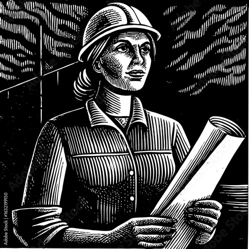 Woman engineer with blueprints in hard hat on construction site  