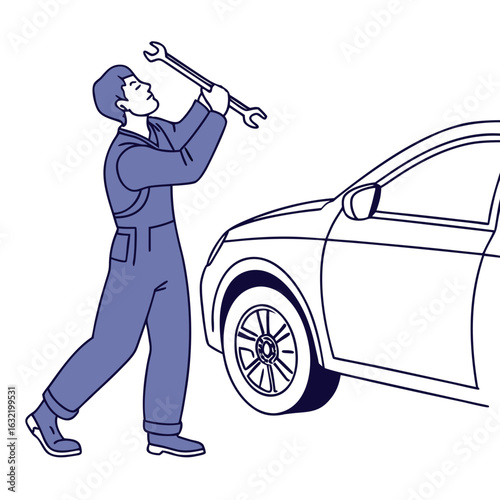 Mechanic repairing car with wrench in garage setting  