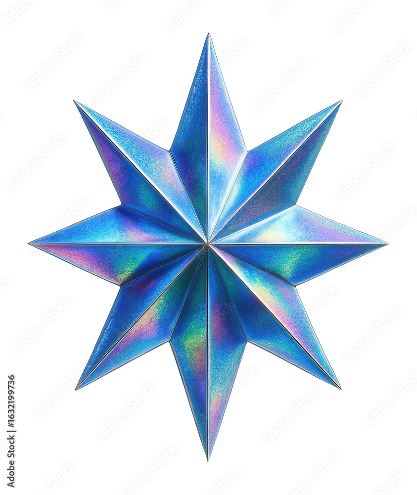 Obraz premium Iridescent blue and purple eight-pointed star with reflective surface on transparent background.