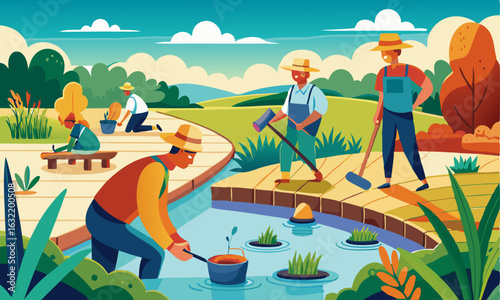 Download Labor Work On The Pond, Vector Illustration . This Icon Concept Isolated Premium Vector. Flat Cartoon Style Svg File For Design.