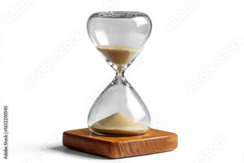 Glass hourglass with sand on a wooden base isolated on white background