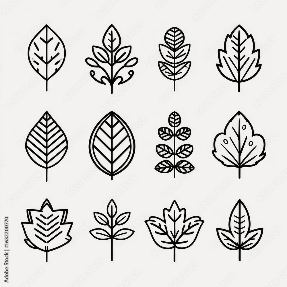 Fototapeta premium Set of twelve stylized line art leaves. Simple, outlined designs of various leaf shapes and patterns. Light background