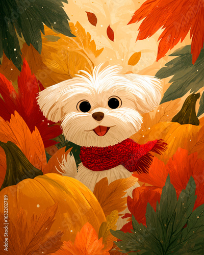 Cute cartoon puppy with red scarf surrounded by autumn leaves and pumpkins in a cozy fall setting