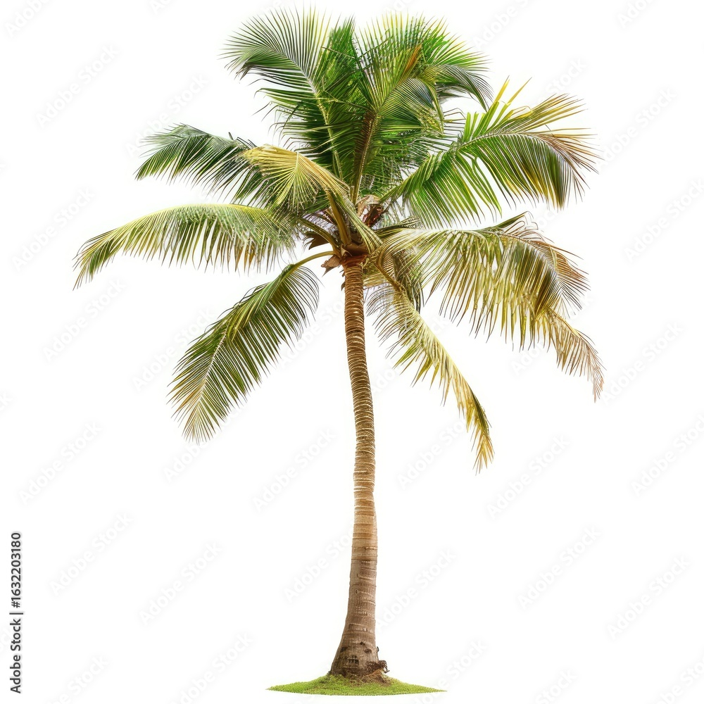 Obraz premium Isolated palm tree against white background. Lush green fronds radiate from a tall, light brown trunk